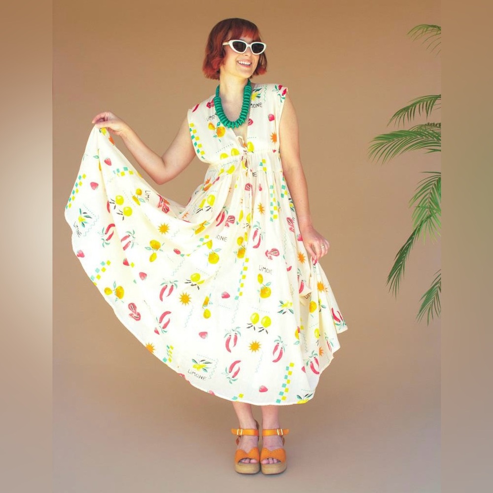 La Lou Lemon Print Maxi Dress –Mediterranean Summer Dress with Tie in Front NWT